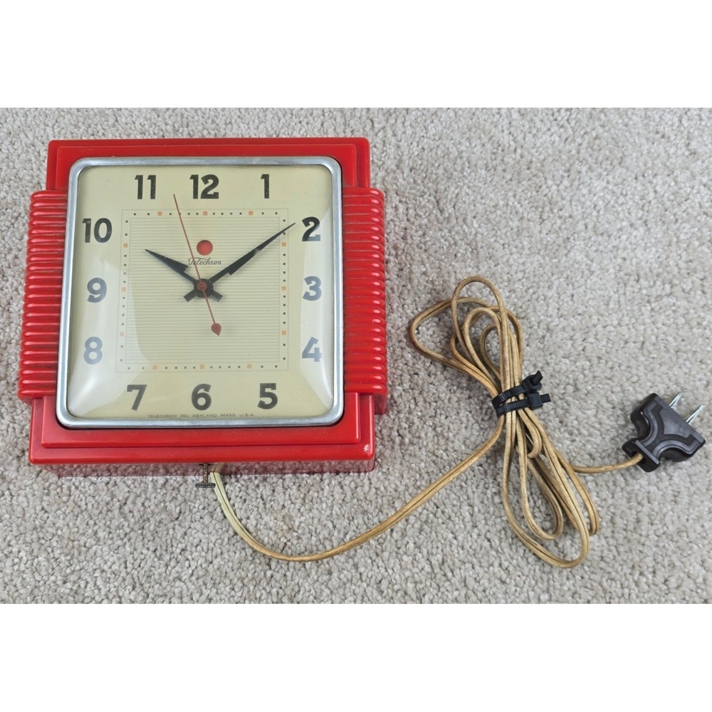 Vintage Telechron Electric Wall Clock Ribbed Red Art Deco 2H15 Buffet Working